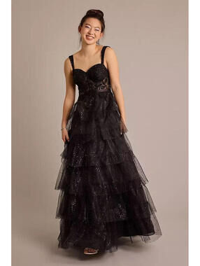 Women's Jules & Cleo NWT Tiered Prom Ball Gown w/Illusion Bodice Black Dress 6